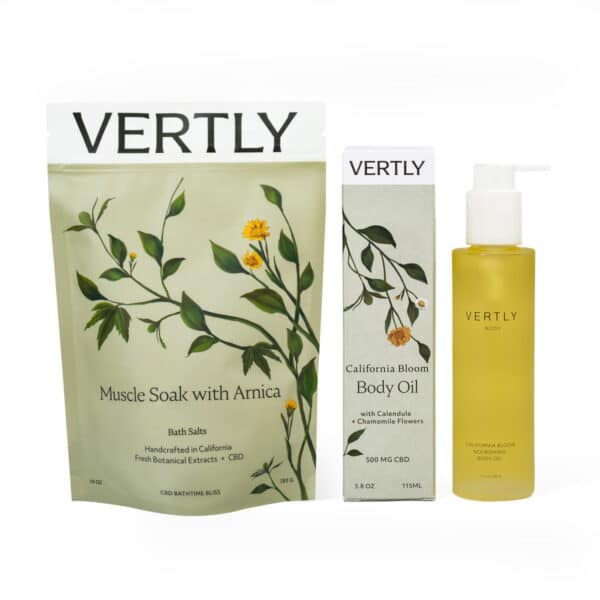 A package of vertly body wash and oil.